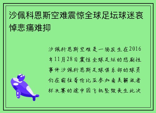 沙佩科恩斯空难震惊全球足坛球迷哀悼悲痛难抑